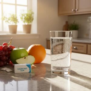 Healthy kitchen scene featuring a glass of water, fresh fruits including an apple, orange, and grapes, alongside a pack of sugar-free gum, promoting hydration and breath freshness in relation to oral health.
