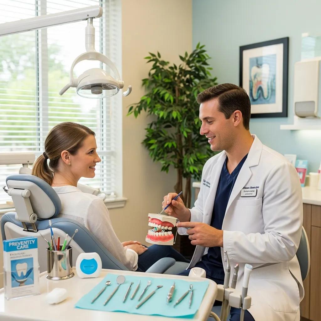Friendly dentist explaining preventive dentistry to a patient using a dental model in a bright, welcoming dental office.