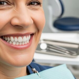 Smiling patient showcasing a confident, bright smile after receiving dental implants in a dental office setting, emphasizing improved oral health and aesthetics.