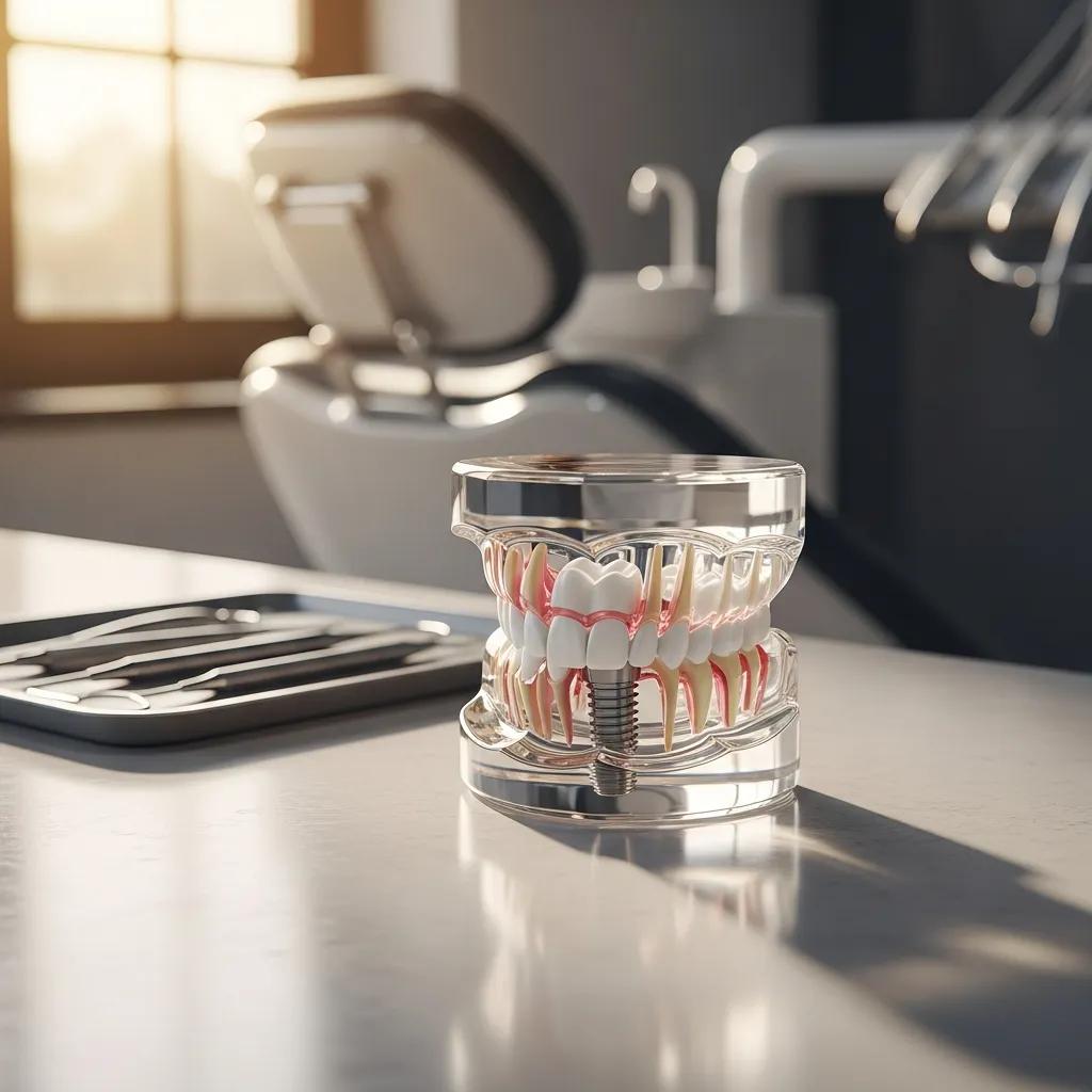dental-implant-model-on-a-dental-office-countertop-showcasing-titanium-post-and-crown